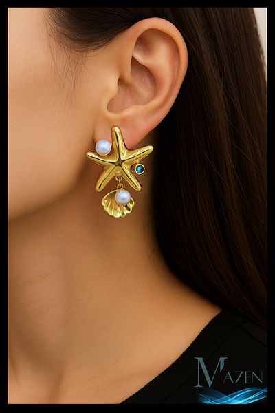 MAZEN Steel Tarnish-Free Starfish Earrings |   Style Special Model |   Oyster and Pearl Detailed |   Gold Color