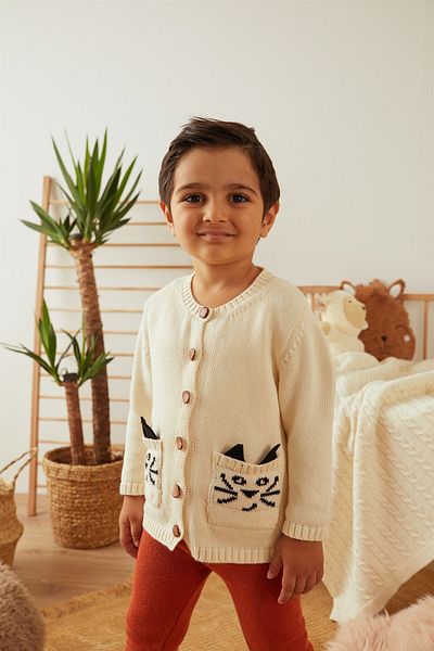 Uludağ Triko Ecru Cat Patterned Organic Cotton Double Set