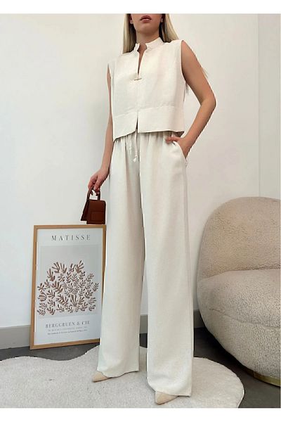 cn novembersun Women's Linen Khaki Vest - Belt Detail Trouser Suit