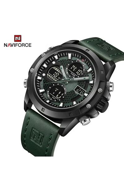 Naviforce Sport Analog-Digital Wrist Watch for Men with Leather Strap Water Resistant Multi-Function Timepiece