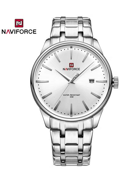 Naviforce Elegant Silver Stainless Steel Analog Wrist Watch for Men with Date Display Water Resistant