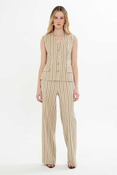 GİZİA Yelekli Ve Palazzo Pantolonlu Çizgili Bej Takım