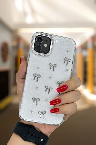 PSGT Apple Iphone 11 Kılıf Fiyonk Desenli Şeffaf Simli Gümüş Kamera Çıkıntılı...