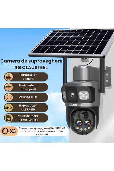 CLAUSTEEL Cameră de supraveghere 3 în 1 cu panou solar, conexiune SIM 4G, 6MP ULTRA HD, 8000 mAh