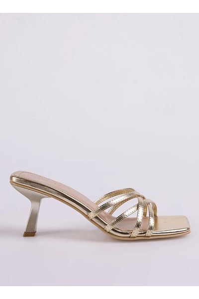 KİNDEP Kindep Sesame Thin Cross Strap Women's Heeled Slippers Gold