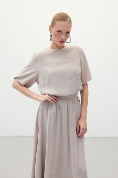 Sateen Short Sleeve Loose Blouse - Stone