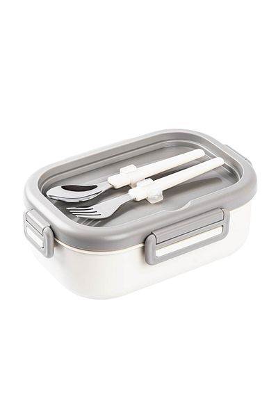 Tantitoni Tantitoni Beige Stainless Steel Rectangular Food Carrying Bowl with Fork and Spoon 850ml
