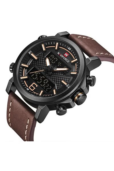 Naviforce Mens Black Dial Brown Leather Strap Watch Analog Digital Quartz Waterproof Chronograph