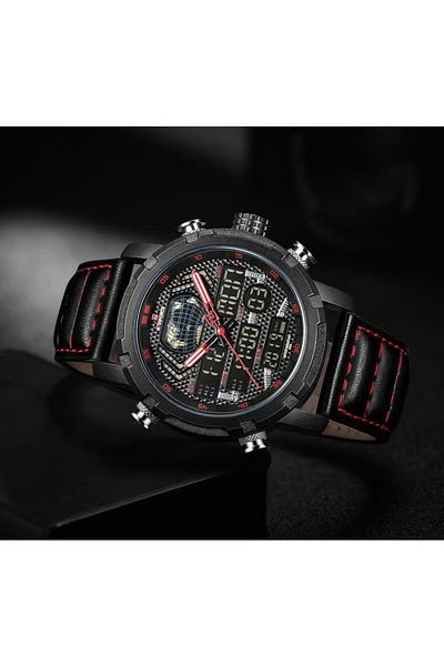 Naviforce Mens Multifunctional Dual Display Wristwatch with Quartz Battery Chronograph Leather Strap