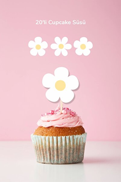 neşeli günlerim Papatya Temalı Doğum Günü Kürdanlı Cupcake Süsü 20'li