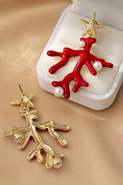 Glaren Red Coral Design Dangle Women's Earrings
