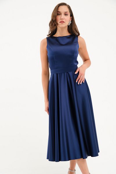 Lafaba Women's Navy Blue Thick Strap Belted Midi Evening Dress