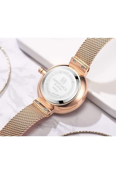 Naviforce Elegant Women's Quartz Watch Stylish Round Dial with Floral Embossed Design Sparkling Crystal