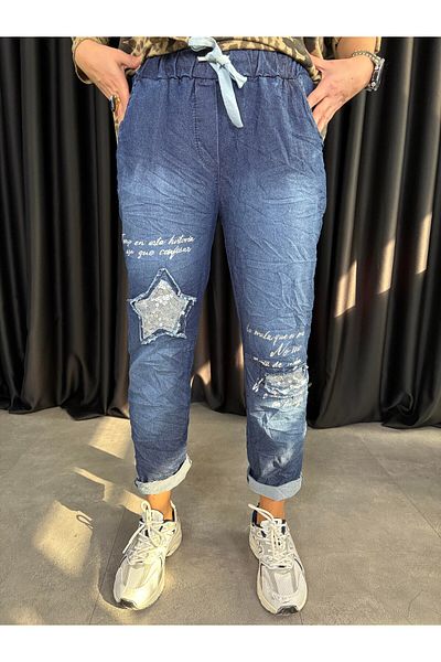 CELTMODA Women's Star Sequin Detailed Lycra Written Standard Imported Trousers - Navy Blue
