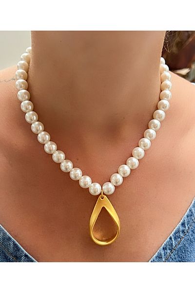 Kutcha Accessories Pearl String Drop Form Necklace – Gold Color Handmade Elegant Design