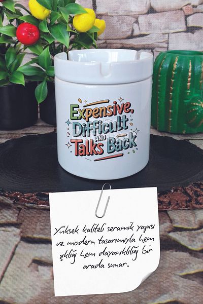 giftkonsept Expensive Difficult and Talks Summer Themed Printed Ceramic Lid Odorless Ashtray