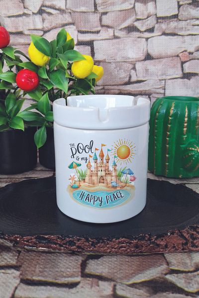 giftkonsept The Pool Is My Happy Place Summer Themed Printed Ceramic Lid Odorless Ashtray