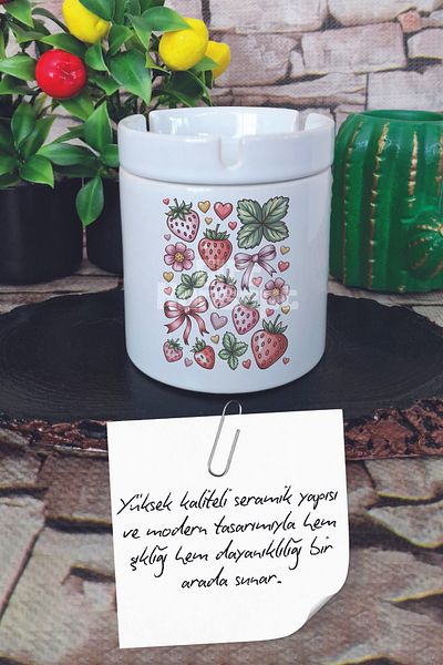 giftkonsept Strawberry and Ribbon No:1 Summer Themed Printed Ceramic Lid Odorless Ashtray