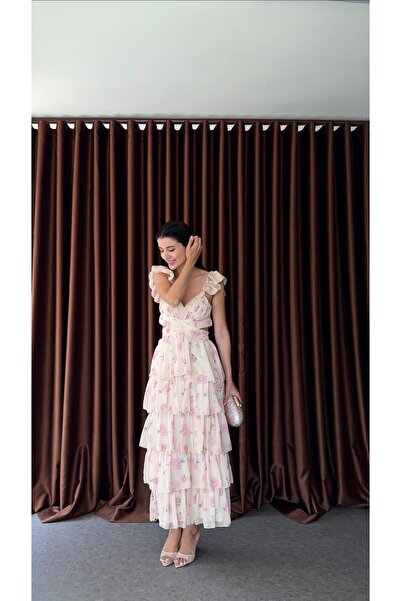 HAZELANNA Bel Detaylı Pembe Çiçekli Katlı Elbise