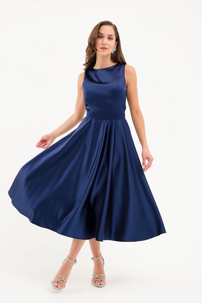 Lafaba Women's Navy Blue Thick Strap Belted Midi Evening Dress