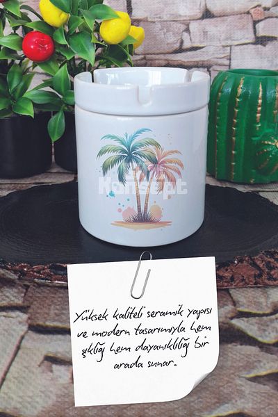 giftkonsept Tropical Palms Summer Themed Printed Ceramic Lid Odorless Ashtray