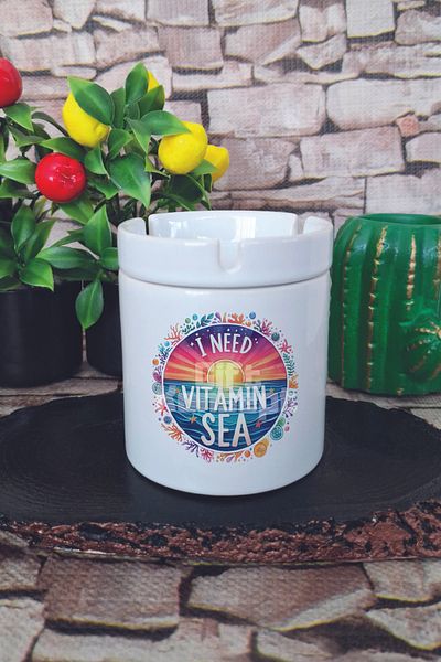 giftkonsept I Need Vitamin Sea Summer Themed Printed Ceramic Lid Odorless Ashtray