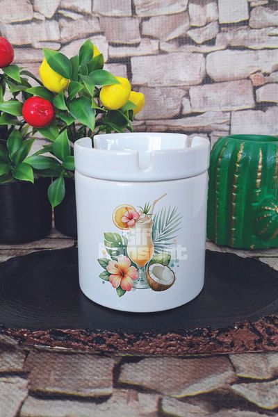giftkonsept Tropical Cocktail Summer Themed Printed Ceramic Lid Odorless Ashtray