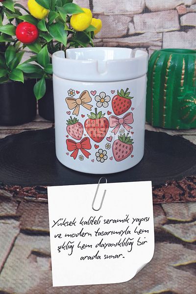 giftkonsept Strawberry and Ribbon No:3 Summer Themed Printed Ceramic Lid Odorless Ashtray