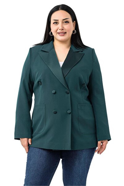 DISENTIS MODEST Plus Size Satin Collar and Button Detail Pocket Lined Emerald Green Jacket
