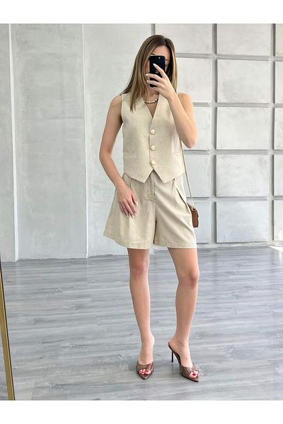 Coral Vest Shorts Belted Suit Natural