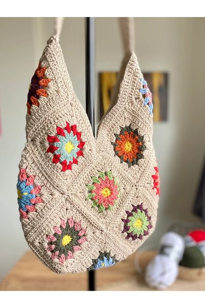 Masal Örgü Evi Fairy Tale Colorful Handmade Knitted (Children's Size) Shoulder Bag Crochet Tote Bag
