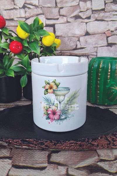 giftkonsept Margarita Cocktail and Tropical Flower Summer Themed Printed Ceramic Lid Odorless Ashtray