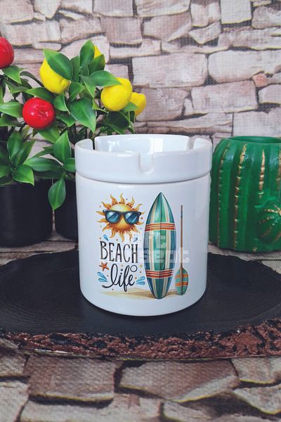 giftkonsept Beach Life Summer Themed Printed Ceramic Lid Odorless Ashtray