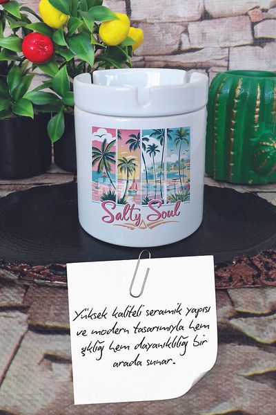 giftkonsept Summer Salty Soul Beach Summer Themed Printed Ceramic Lid Odorless Ashtray