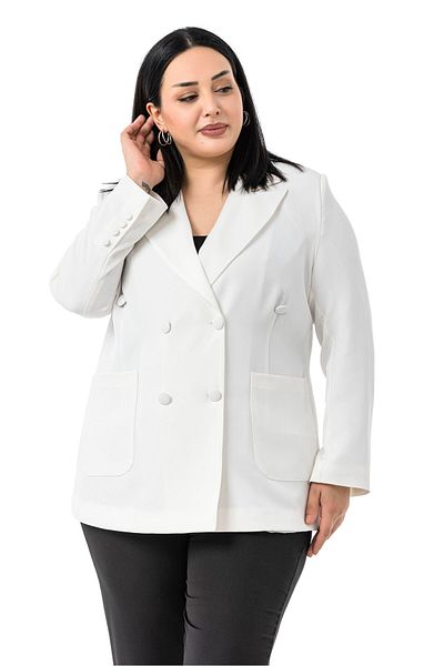 DISENTIS MODEST Plus Size Satin Collar and Button Detail Pocket Lined White Jacket