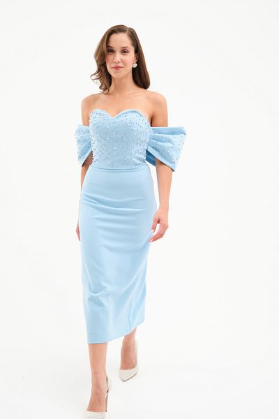 Lafaba Women's Baby Blue Strapless Neckline Sleeve Detail Midi Evening Dress
