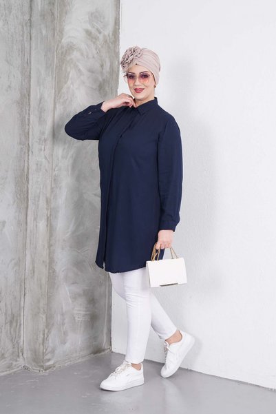 Polologin Butik Navy Blue Classic Shirt Tunic