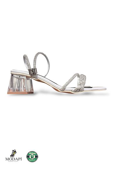 Jackers Silver Stone Banded Transparent Low Heeled Women's Heeled Evening Dress Shoes
