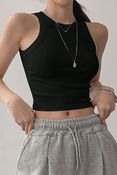Tarz Cool Women's Black Camisole Wide Strap Ribbed Crop Tank Top