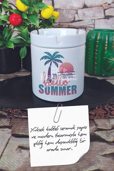 giftkonsept Hello Summer Retro Summer Themed Printed Ceramic Lid Odorless Ashtray