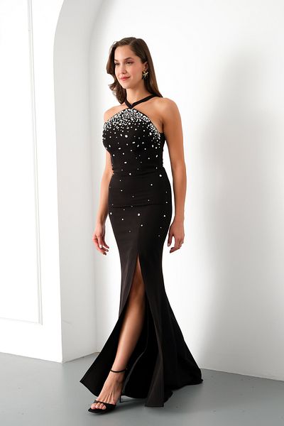 Lafaba Women's Black Halter Neckline Stone Detail Slit Long Evening Dress