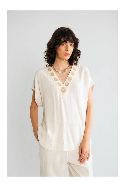 Coral V-Neck Embroidered Blouse Trousers Set Natural