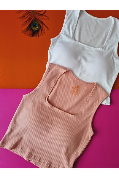 Demirsa Boutique Square Collar Camisole Fabric 2-Piece Powder and White Women's Fixed Pad Crop Blouse Singlet