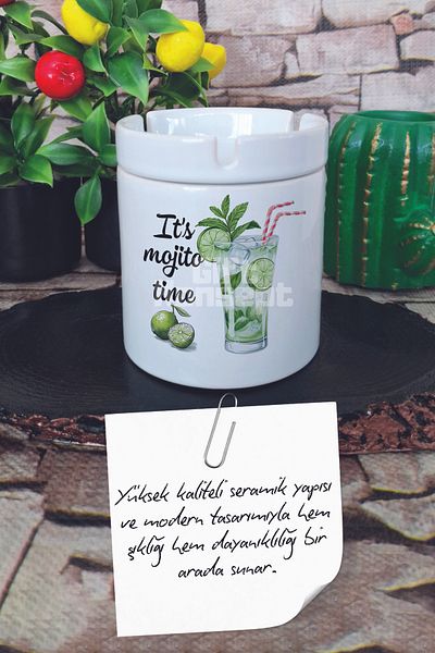 giftkonsept Its Mojito Time Summer Themed Printed Ceramic Lid Odorless Ashtray
