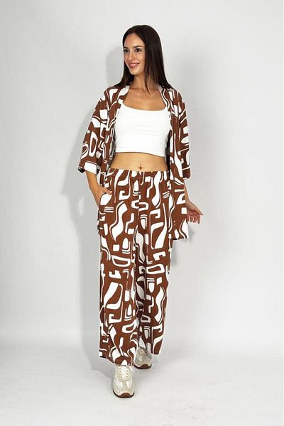 Betimoda Woven Viscose Relaxed Cut Kimono Bottom Long Suit Coffee