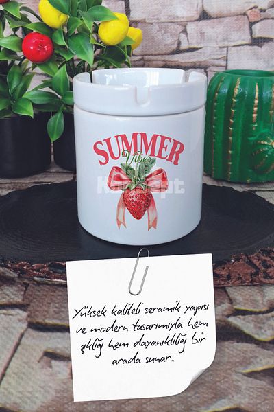 giftkonsept Summer Vibes Strawberry Summer Themed Printed Ceramic Lid Odorless Ashtray