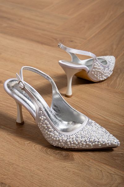 Hayalimdeki Ayakkabı Blush Women's White Satin Pearl Detailed Evening Dress Heeled Women's Shoes