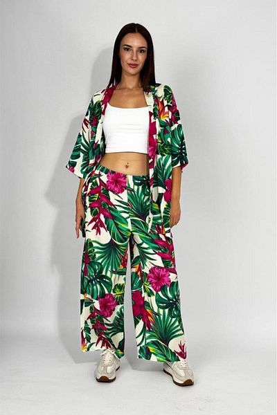 Betimoda Woven Viscose Relaxed Cut Kimono Bottom Long Suit Green