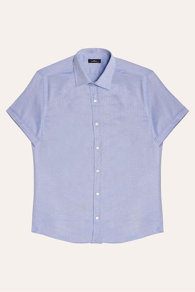 Tudors Men's Regular Fit Classic Cut Short Sleeve Cotton Single Pocket Dobby Saks Blue Shirt