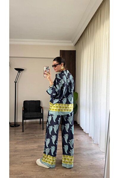 HAZEGO Set largi din satin cu model - Indigo